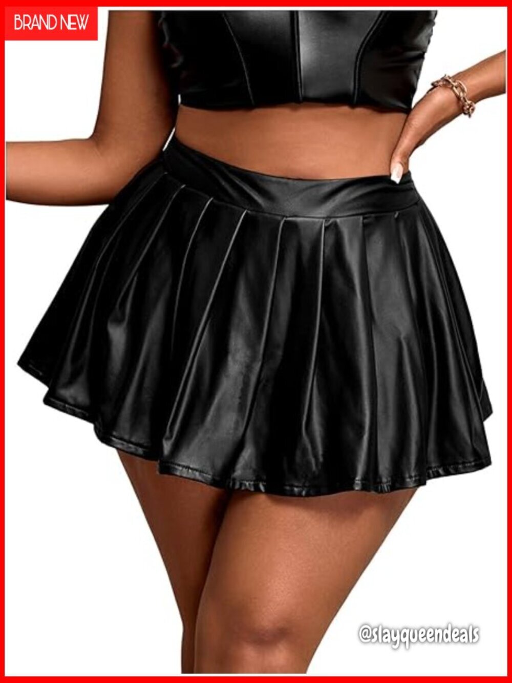 Plus Size PU Leather Mini Skirt High Waist Pleated Y2K Skort